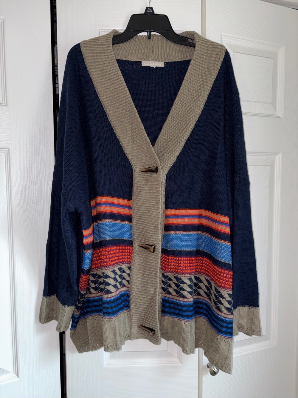 Woman Within Navy Patterned Fair Isle Aztec Cardigan Sweater
